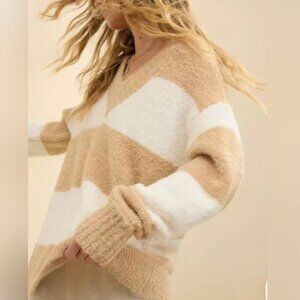 Aerie Oversized Boucle Striped V-neck Sweater Neutral Coastal Women's XL NWT